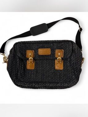 Vintage Oscar de la Renta Black Quilted Crossbody Tan Trim and Gold Hardware